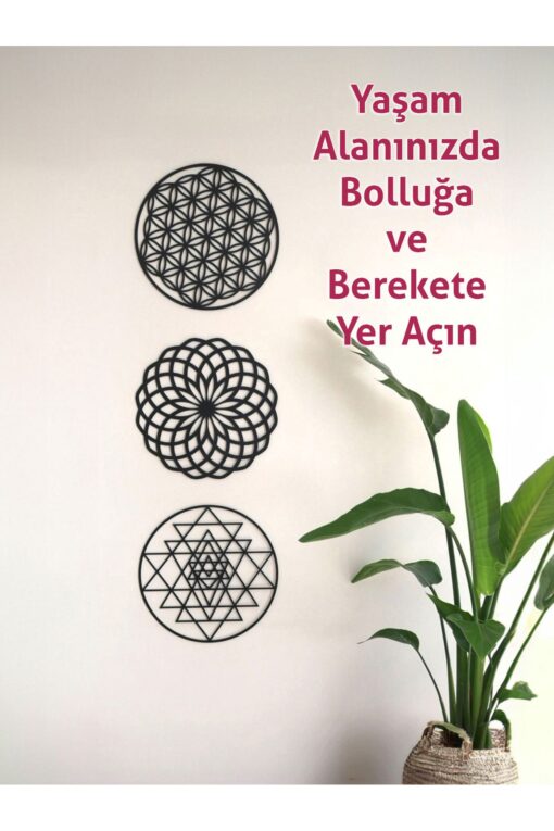 3'lü Dönüşüm Seti Ahşap Sri Yantra Yaşam Çiçeği Yoga Mandala Siyah