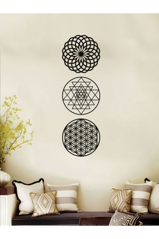 3'lü Dönüşüm Seti Ahşap Sri Yantra Yaşam Çiçeği Yoga Mandala Siyah