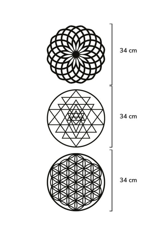 3'lü Dönüşüm Seti Ahşap Sri Yantra Yaşam Çiçeği Yoga Mandala Siyah